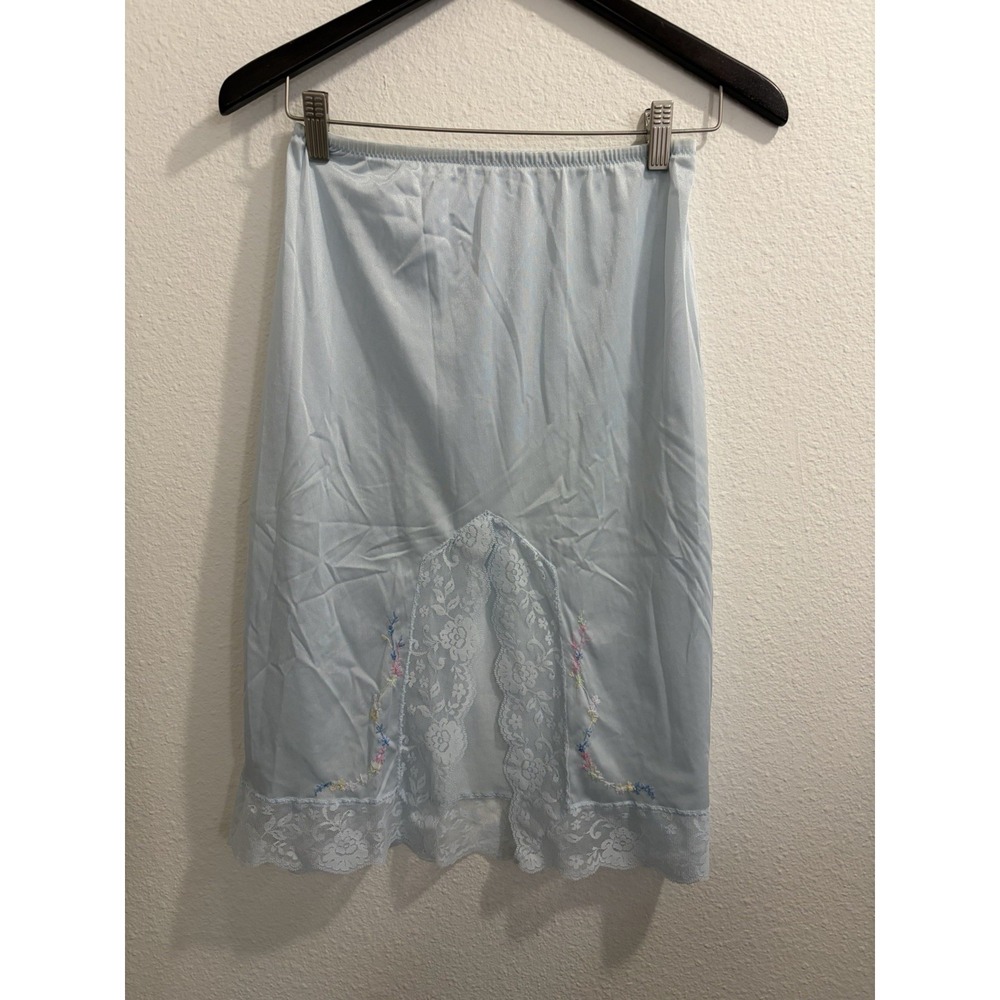 Vintage Nylon Half Slip Skirt Size Med Blue Vintage with Lace Trim Embroidered